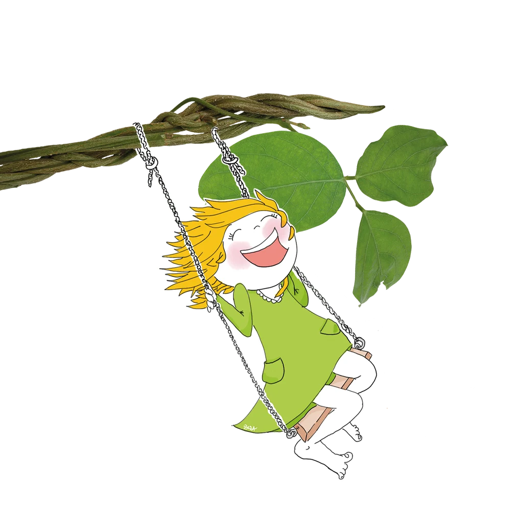 ein schaukelndes Mädchen, schaukelt mit wehenden Haaren lachend an einem Ast. Die Zeichnung vermittelt Lebensfreude